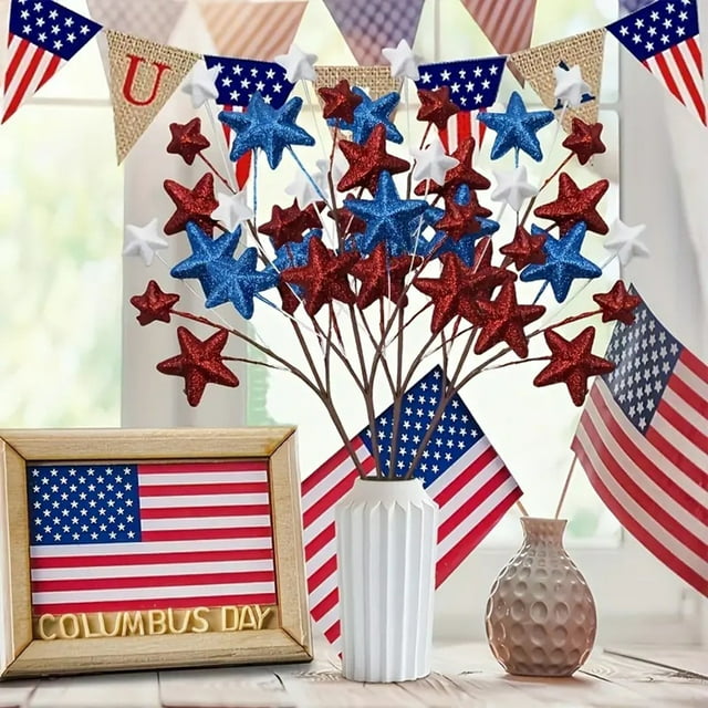 Ramo de flores para el Día de la Independencia | Decoración patriótica con purpurina roja, blanca y azul | Ramitas de plástico de 48 cm con estrella de pentagrama | Decoración festiva para fiestas