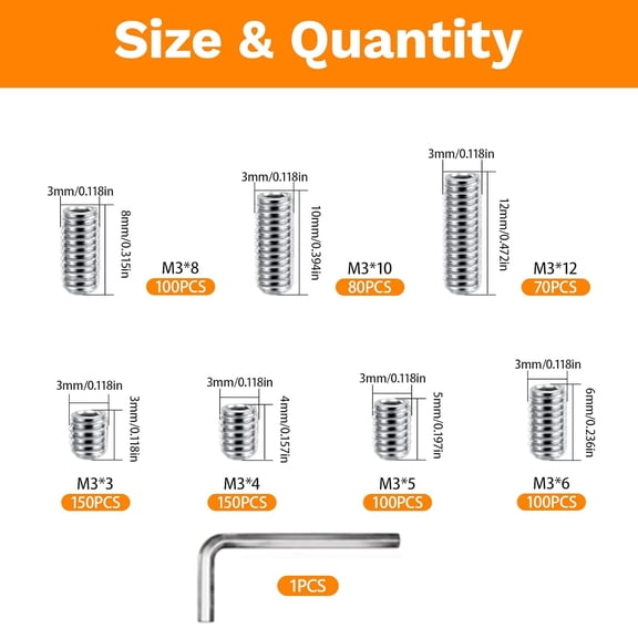 ZANHUA-360 Pcs Set Screws Assortment Kit, 7 Sizes Included, M3 Metric & SAE Allen Set Screws for Plumbing, Bathroom Fixtures, Door Knobs