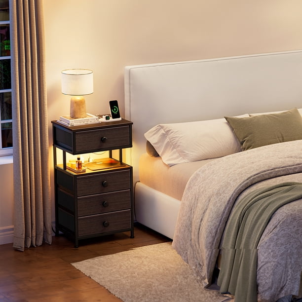 Mesita de Noche con estación de Carga USB y Enchufe - Buros para recamara - Mesa de Noche con 4 cajones - Mesa Auxiliar con luz led Ajustable.
