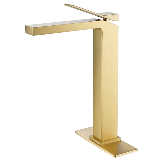 Brushed Gold High Arc Bathroom Vessel Sink Faucet, Single Handle Deck Mounted Sink Faucet with 6-inch Cover Plate
