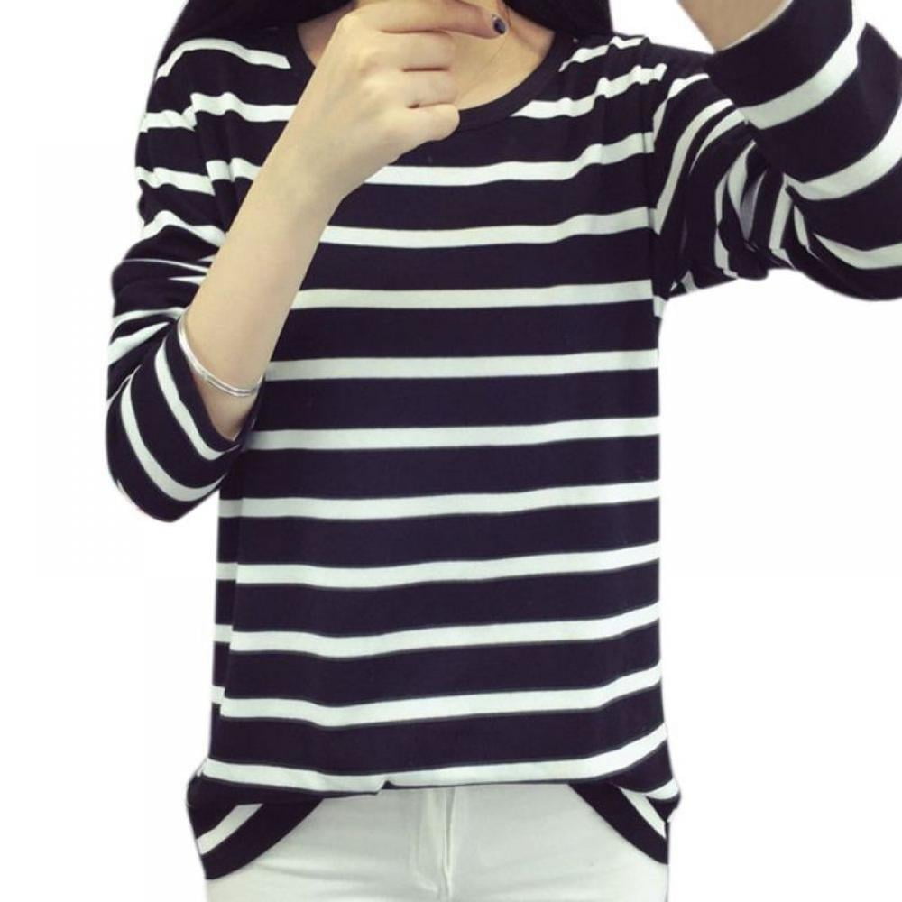 Spring Summer Women Long Sleeve Stretch Striped O-neck Casual T