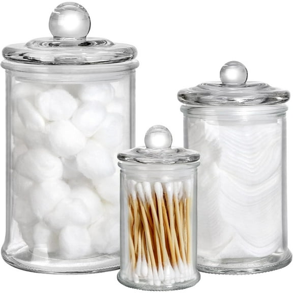 Set of 3 Glass Apothecary Jars with Lids, Bathroom Canisters Storage Container Jars, Decorative Small Glass Apothecary Jar for Cotton Swabs, Cotton Balls, Makeup Sponges, Bath Salts