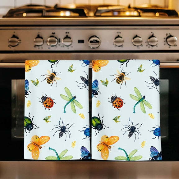 Spring Butterfly Dragonfly Kitchen Towels Set of 4, Rustic Botanical Floral Teal Green Absorbent Dish Towels for Kitchen, Microfiber Hand Towel, Quick Drying Tea Towel for Cleaning Dishcloths