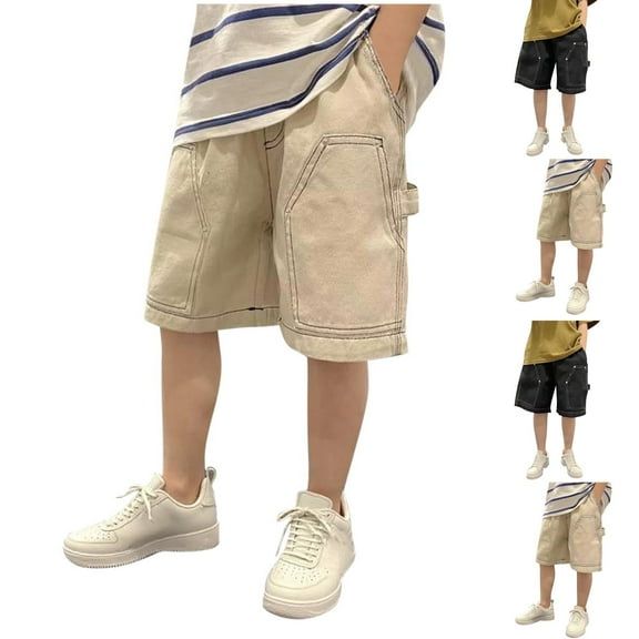 MKOSPLRT Jean Shorts for Kid 4-15 Years Boys Elastic Waist Baggy Wide Leg Denim Shorts Solid Color Wash Knee Length Shorts with Pocket