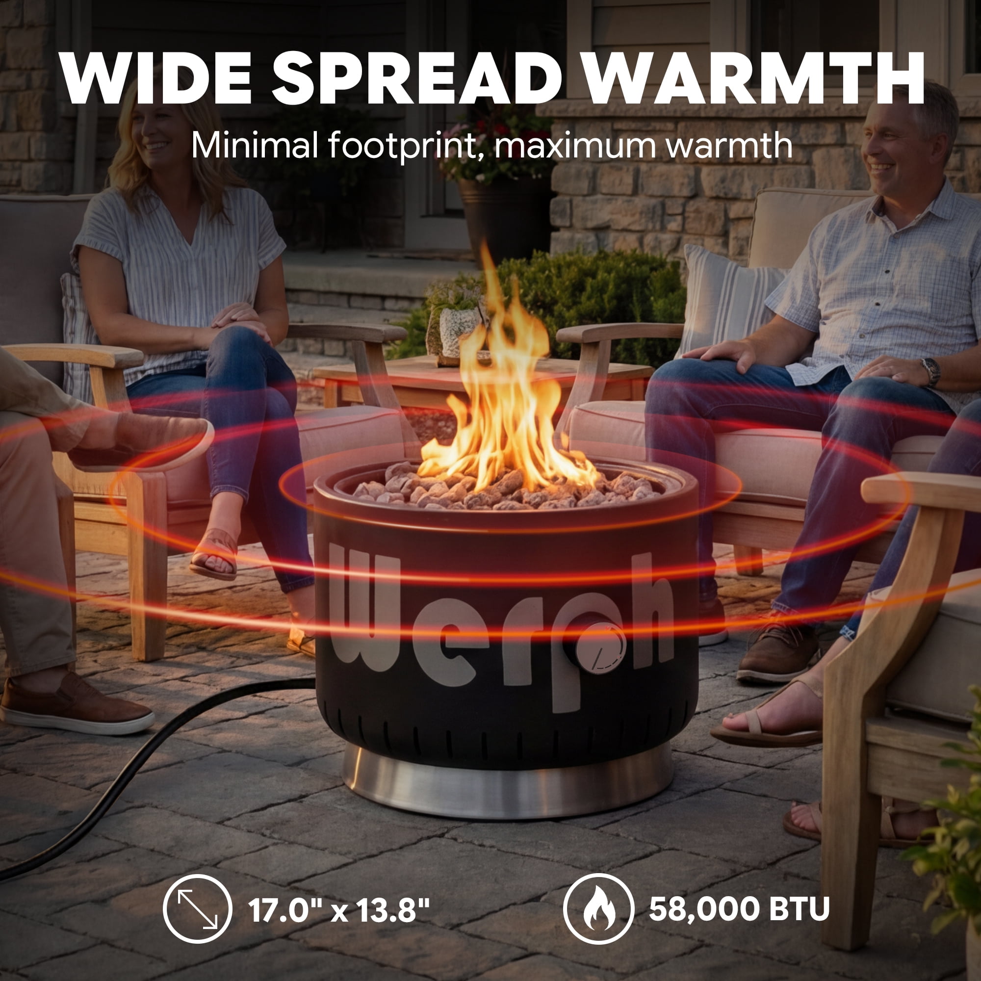 Werph 17-Inch Compact Propane Gas Fire Pit, 58000 BTU, Lightweight with Locking 2-in-1 Lid & Pumice Stones, Ideal for Camping, RV, Picnic, Fishing & Backyard