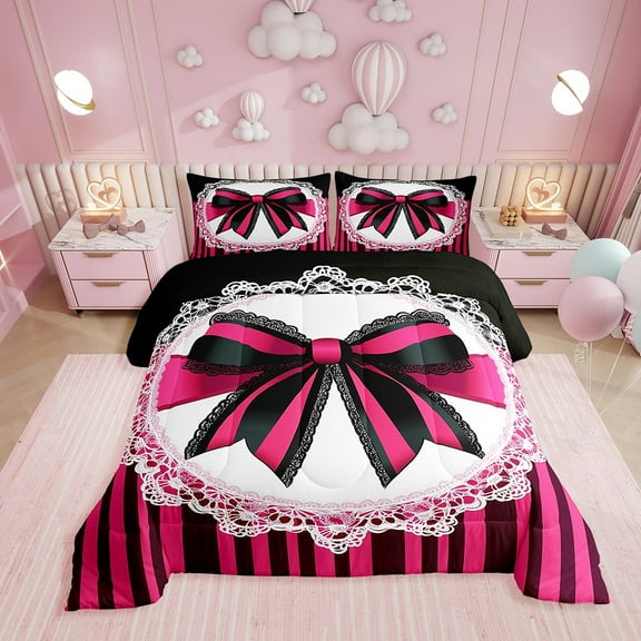 Erosebridal Striped Bowknot Bedding Sets King with Comforter, Pink Black Duvet Insert, Lace Room Decor, Lightweight 3 Pieces