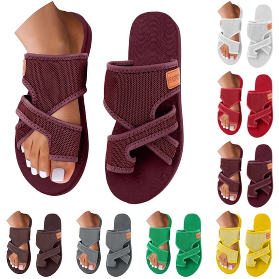 Summer Orthopedic Sandals for Women 2026 Dressy Bunions Sandals with Toe Loop Breathable Mesh Comfortable Lightweight Casual Cute Beach Slides,Wine 40