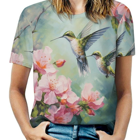 Flower Hummingbird Women's Short Sleeve T-Shirt Crew Neck Casual Summer Trendy Loose Fit Tops