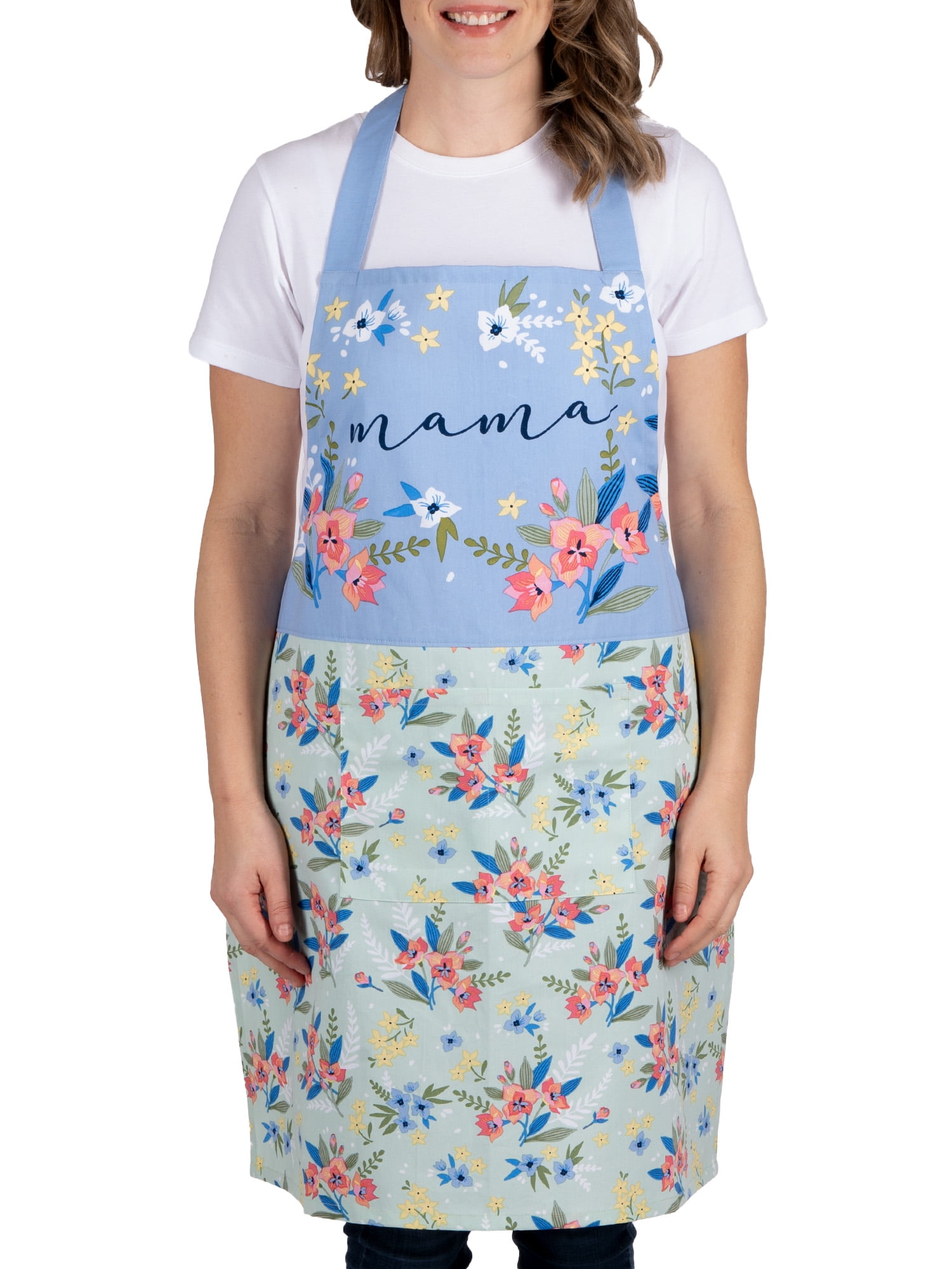 Mainstays Chef Kitchen Apron, 28" x 32" Floral Cotton Bib Apron with Pockets for Cooking, Baking, Gardening in Mint
