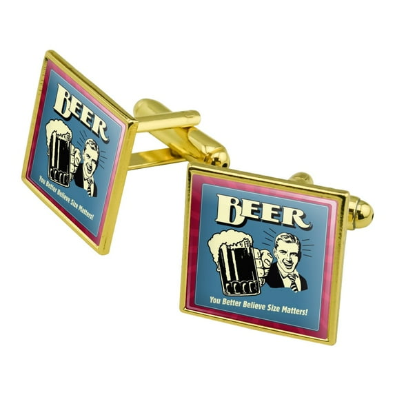 Beer You Better Believe Size Matters Funny Humor Retro Square Cufflink Set - Silver or Gold