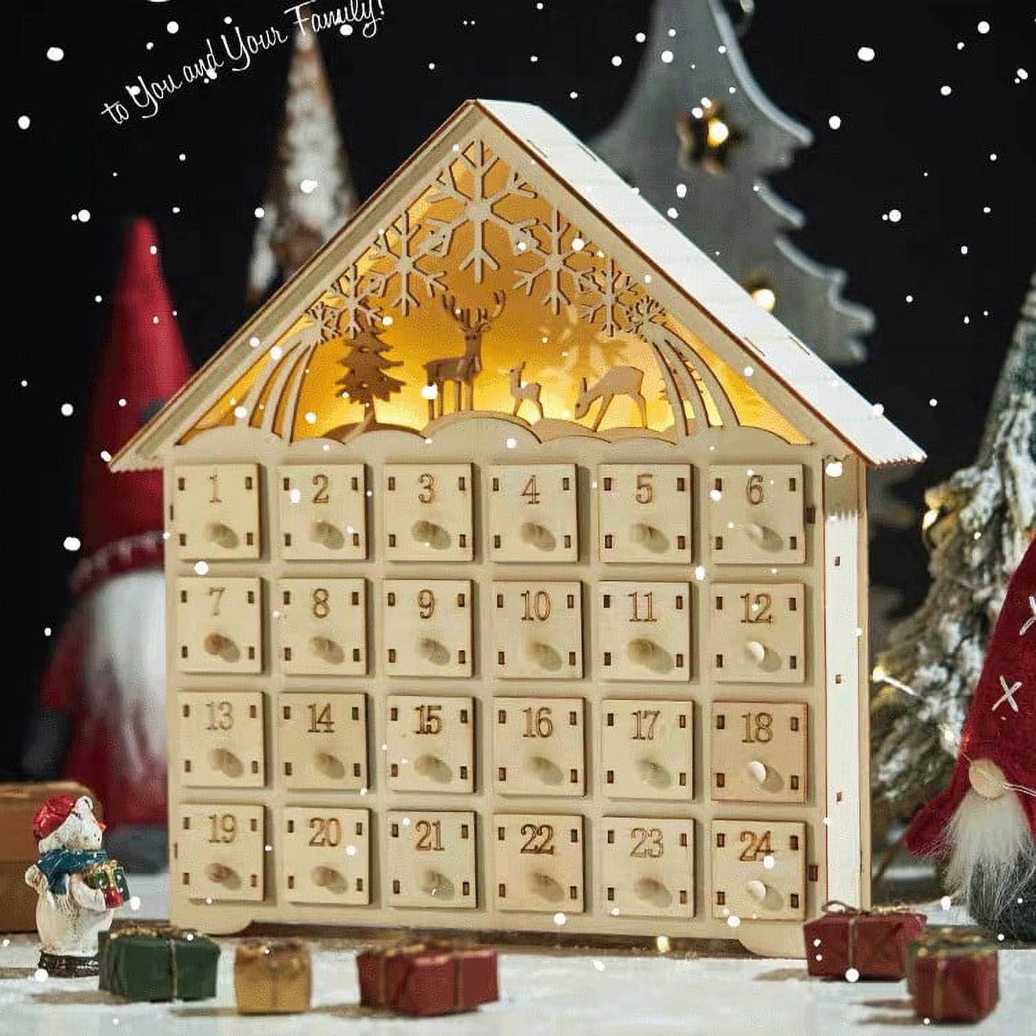 JeashCHAT Christmas Decorations 2022 Christmas LED Wooden Advent Calendar With 24 Drawers, 24 Days Countdown Lights Up DIY Advent Calendar Empty Box Christmas Holiday Decorations