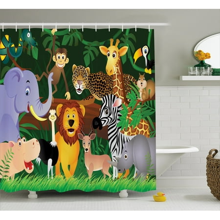 Exotic Shower Curtains Zoo Shower Curtain, Animals in the Jungle Funny Expressions Exotic Comic Cheer Natural Habitat Illustration, Fabric Bathroom Set with Hooks, 69W X 70L Inches, Multicolor, by Ambesonne ()