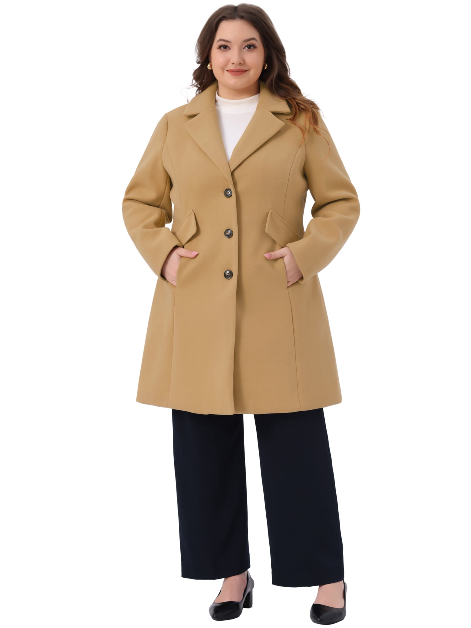DARING DIVA Women's Plus Mid Length Notch Lapel Single Breasted Pea Jacket 4X Camel