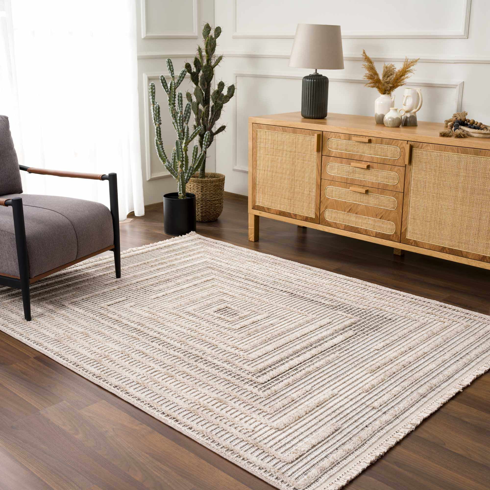 BoutiqueRugs Lunao Farmhouse High Low Textured Shag Oversized Area Rug - Modern Geometric Carpet for Living Room, Bedroom - Charcoal, Cream, Peach - 8'10" x 12' (9x12)