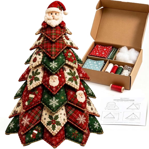 Quilted Christmas Tree Kit - 3D Tabletop Fabric Patchwork Beginner Sewing Craft for Holiday Decor