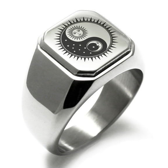 Tioneer Stainless Steel Sun & Moon Yin Yang Engraved Square Flat Top Biker Style Polished Signet Ring