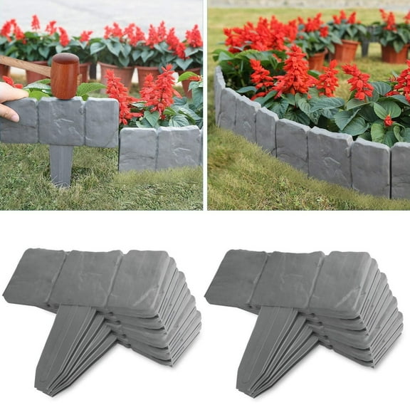 10 Pcs Landscape Edging Border No-Dig Garden Landscape Plastic Flower Bed Edging Borders Stone-Like Textured Garden Border Fencing Edging for DIY Patio Walkways Yard,Gray,Topboutique