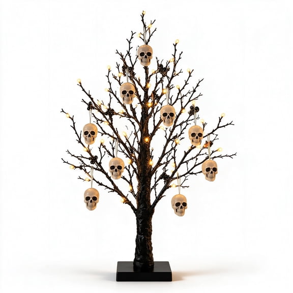 Lighted Black Artificial Halloween Tree with LED Lights, White Skull Ornaments Table Decor for Home Office, Indoor Holiday Tree for Fall Christmas, Halloween Decor
