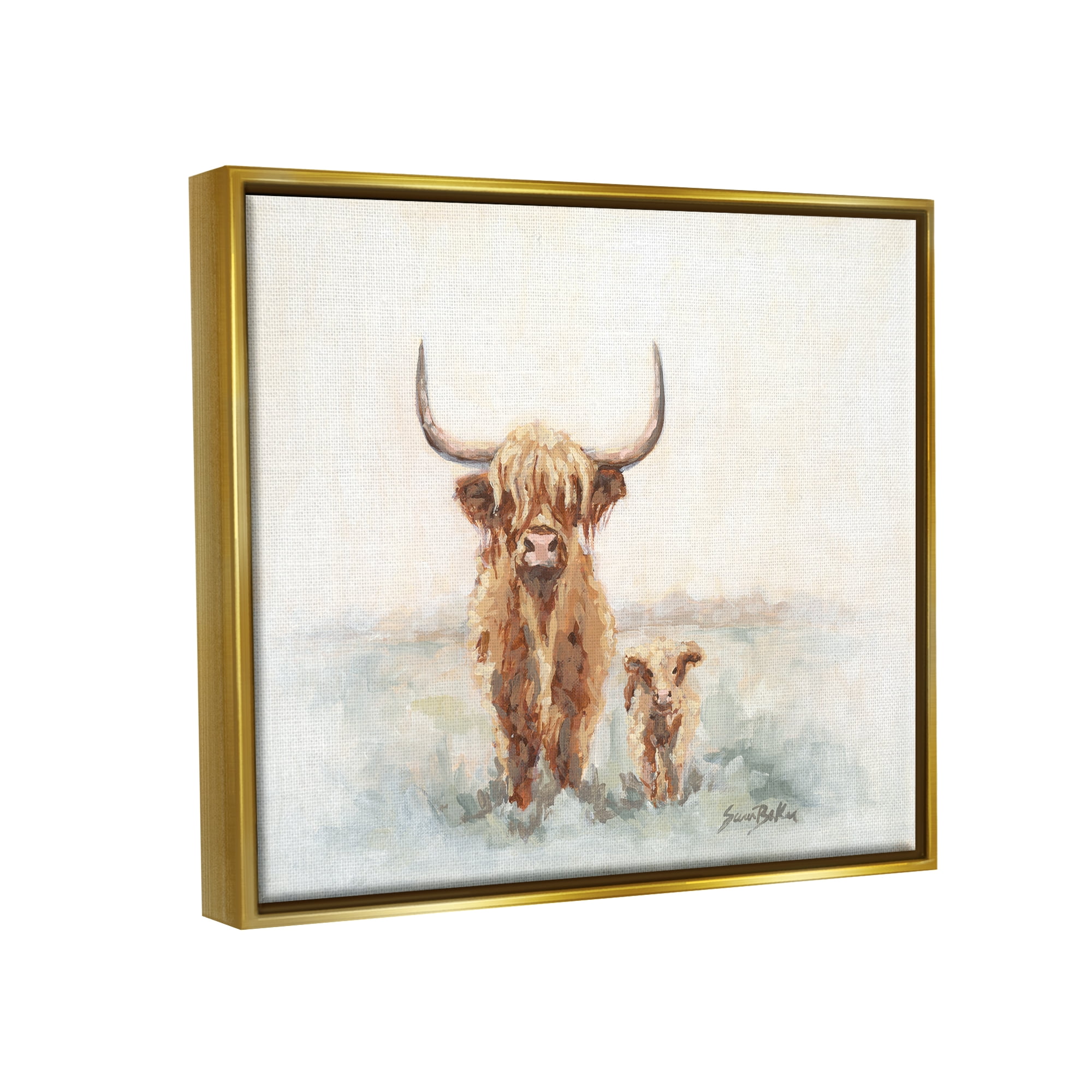 Stupell Highland Cattle & Baby Calf Rural Animals & Insects Painting Gold Floater Framed Art Print Wall Art