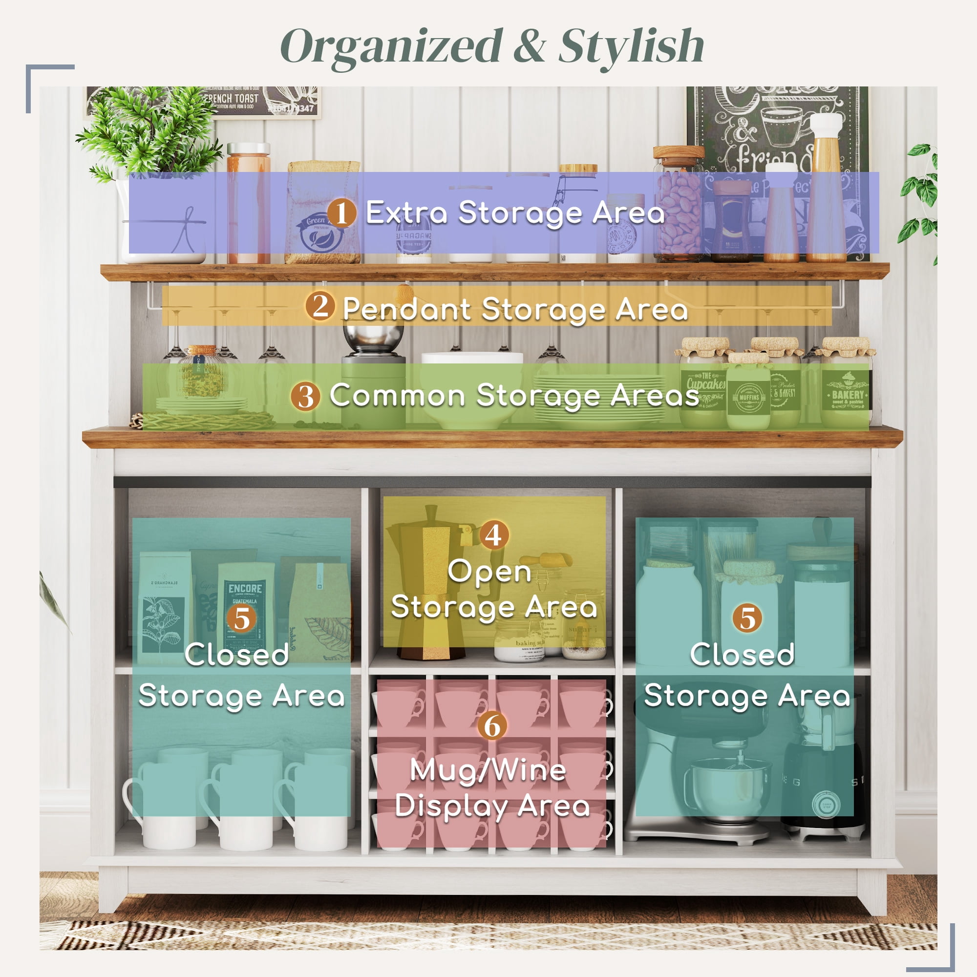 HOQBN 55" Farmhouse Coffee Bar Cabinet with Lights, Freestanding Wine Storage Cabinet with Wine Rack and Glass Holder Racks for Kitchen Dining Room Home, White