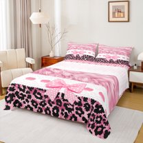 Manfei Polka Dot Bow-tie Bed Sheets for Teen, Kawaii Princess King Sheets, Fashion Leopard Cheetah Print Sheet Set, Breathable Home Decor, 4 Pieces