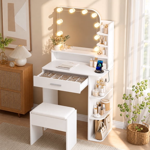 Vanity Set with Mirror and Lights, Small Makeup Vanity Desk with Stool, Charging Station, 26.4" Compact White Vanity for Small Spaces, 3 Color Lighting Modes