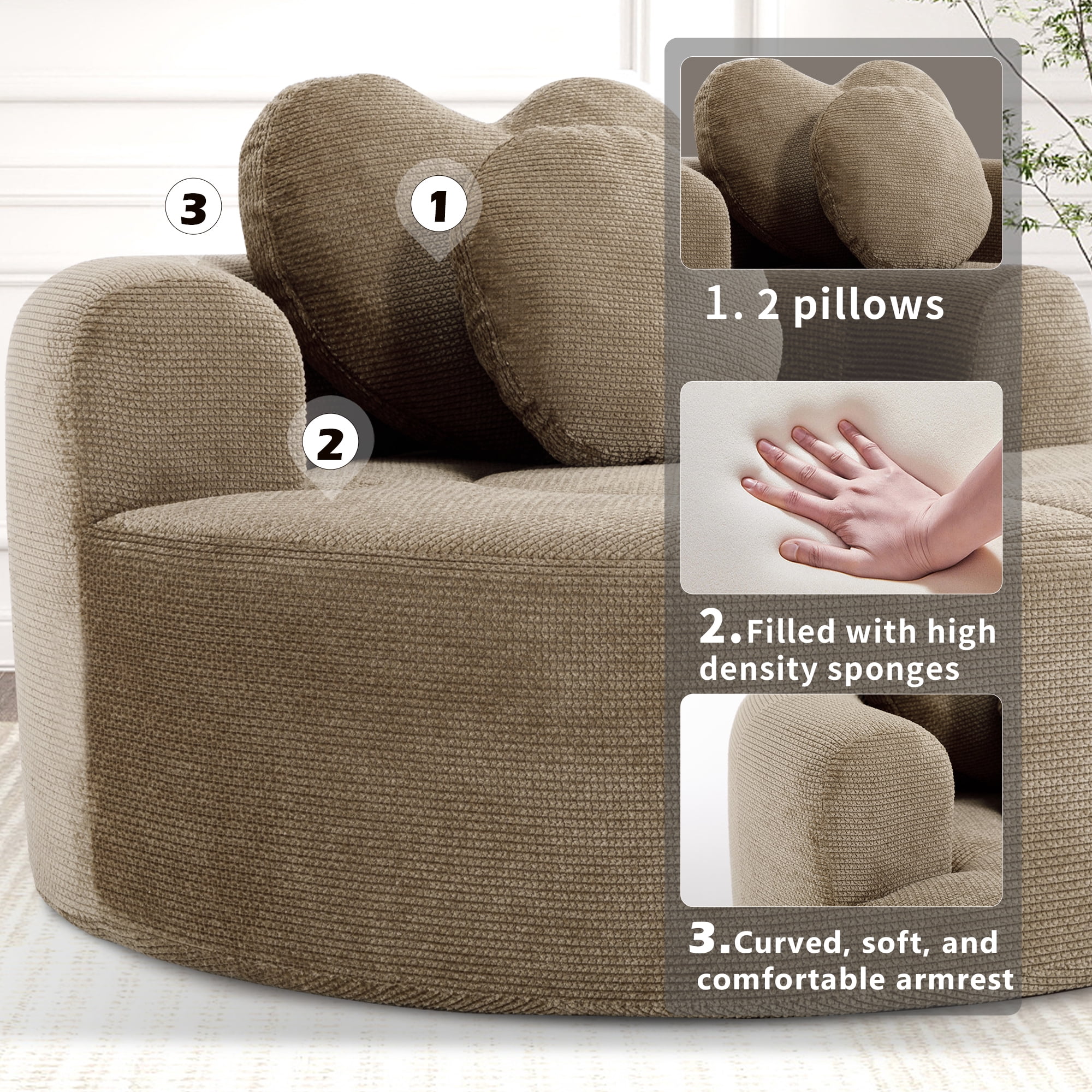 Leumius Oversized Round Chair Lounge Chaise Indoor,Upholstered Round Sofa Bed with Memory Foam,Comfy Cloud Circle Chair with Deep Seat for Living Room Bedroom,No Assembly Required,Brown