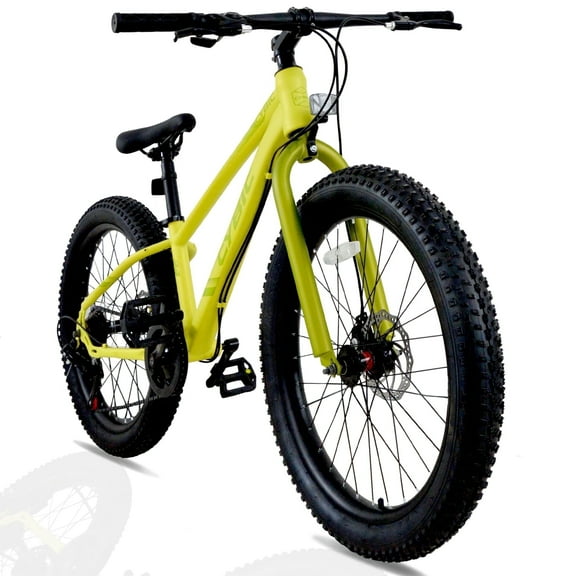 Cybic Fat Tire Mountain Bike 24 inch, 7 Speeds, Double Disc Brake Bicycle, Yellow Green