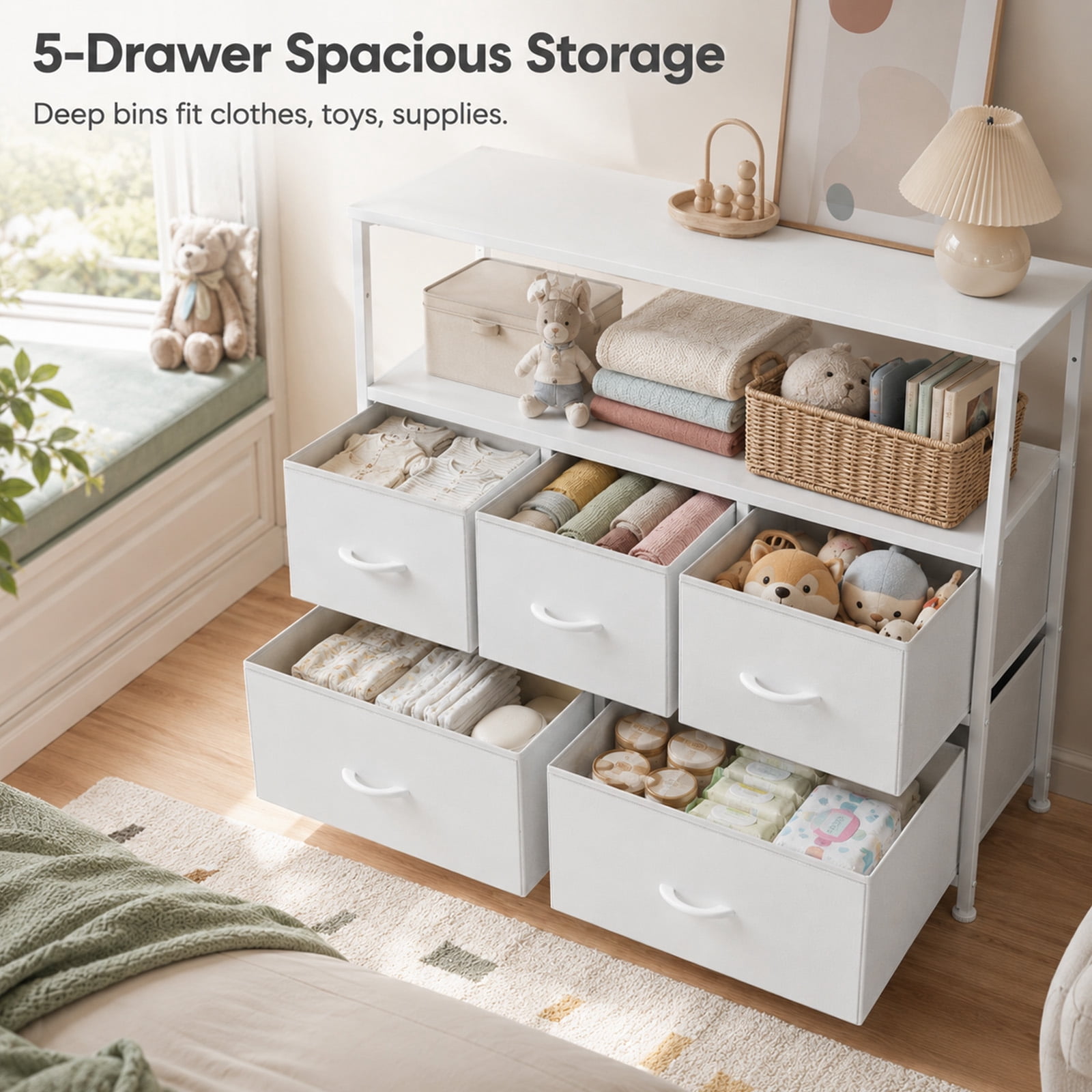 Alvantor Tall Fabric Dresser, TV Stand Media Console, 5 Drawer Storage Tower with Wooden Top for Bedroom, Entryway, Nursery