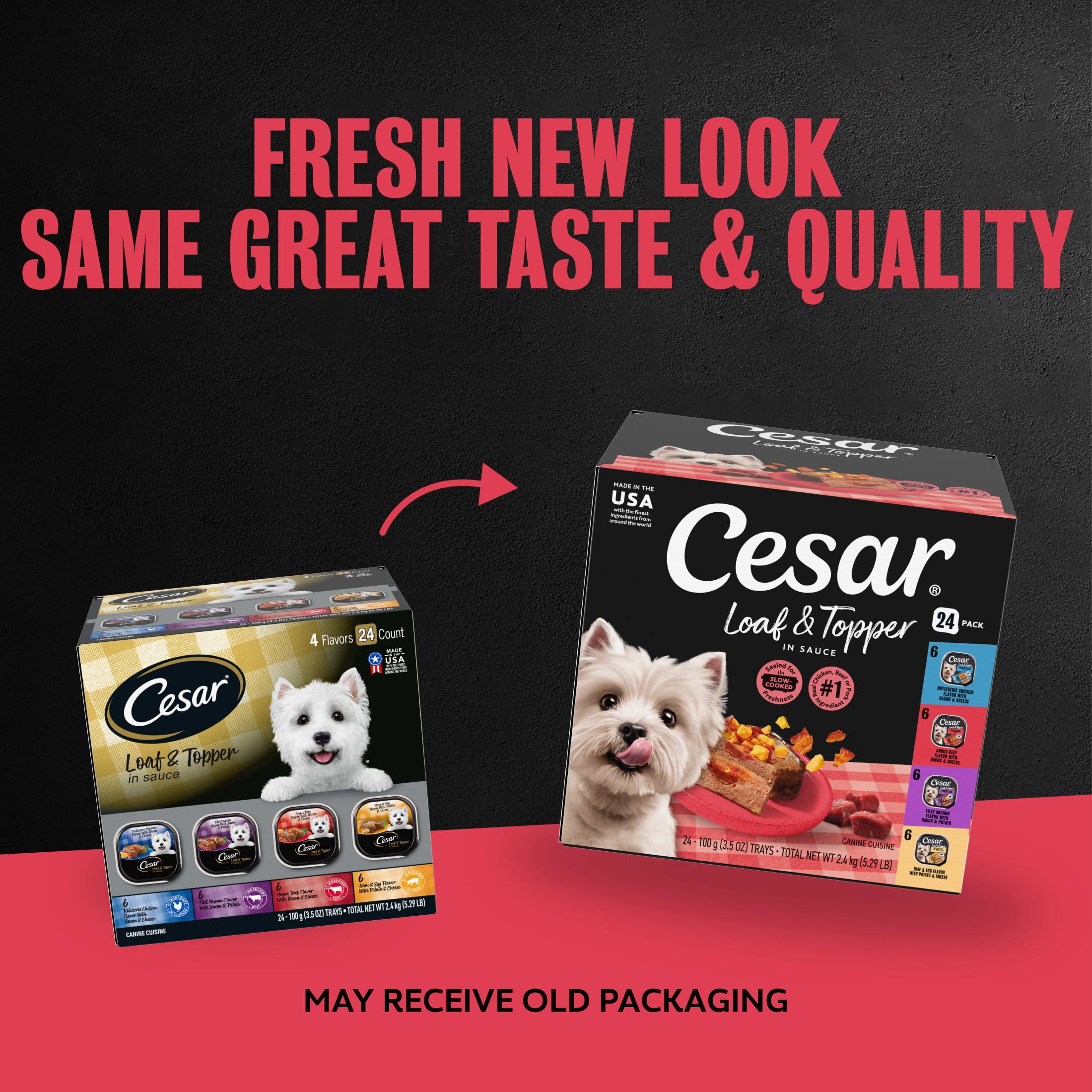 Cesar Loaf & Topper Chicken, Beef, & Pork Variety Pack Soft Wet Dog Food, 3.5 Oz Trays (24 Ct)