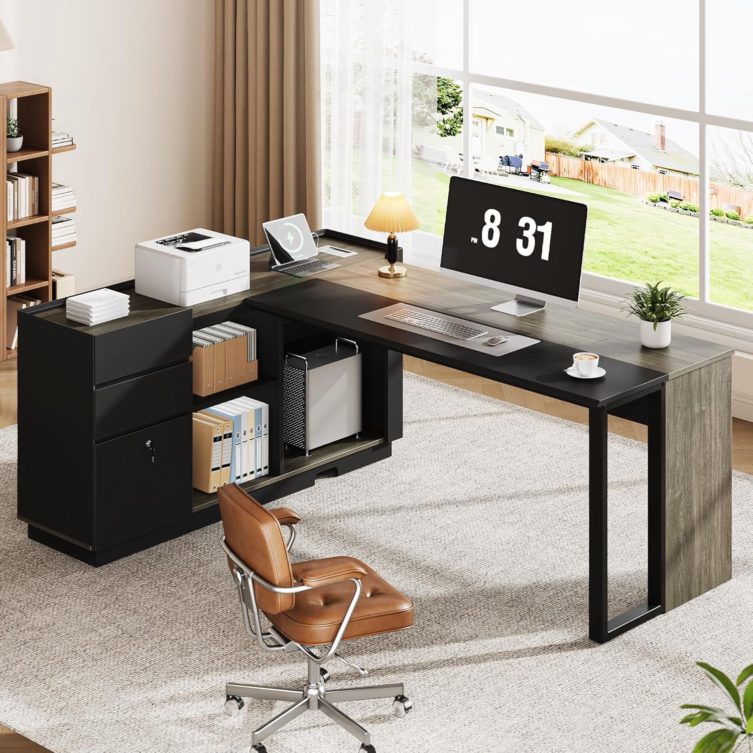 Vividwood 70" L-Shaped Executive Desk with Cabinet Storage, 3 Drawers, Storage Shelves, CPU Stand