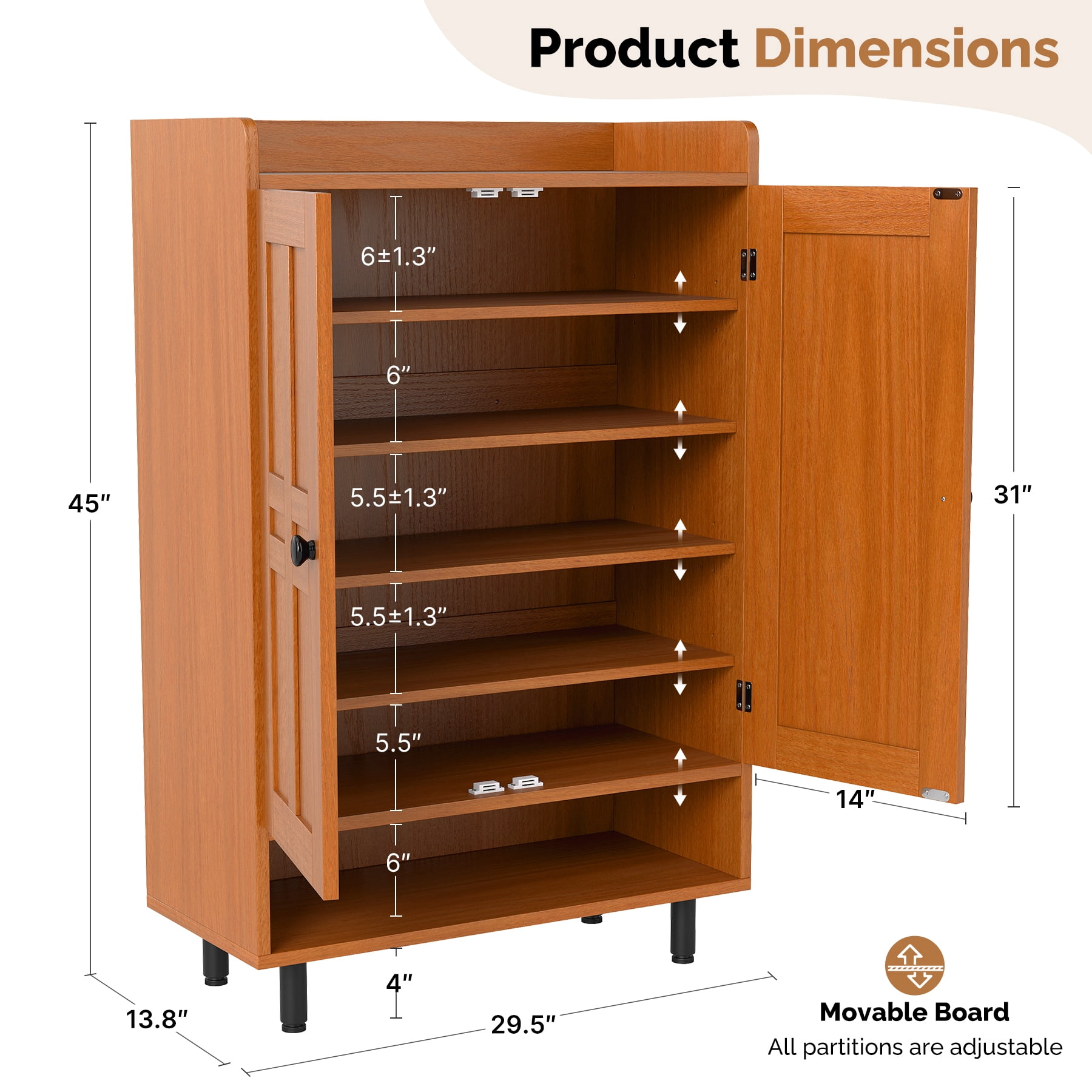 MOONMISS 5-Tier Adjustable Shelves Shoe Cabinet with Doors,Freestanding Shoe Storage Organizer,Shoe Rack for Entryway,Hallway,Closet