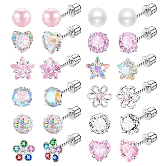 12 Pairs Hypoallergenic Small Stud Earrings, Tiny CZ Inlaid Surgical Stainless Steel Cartilage Studs with Screw Back for Women & Teens