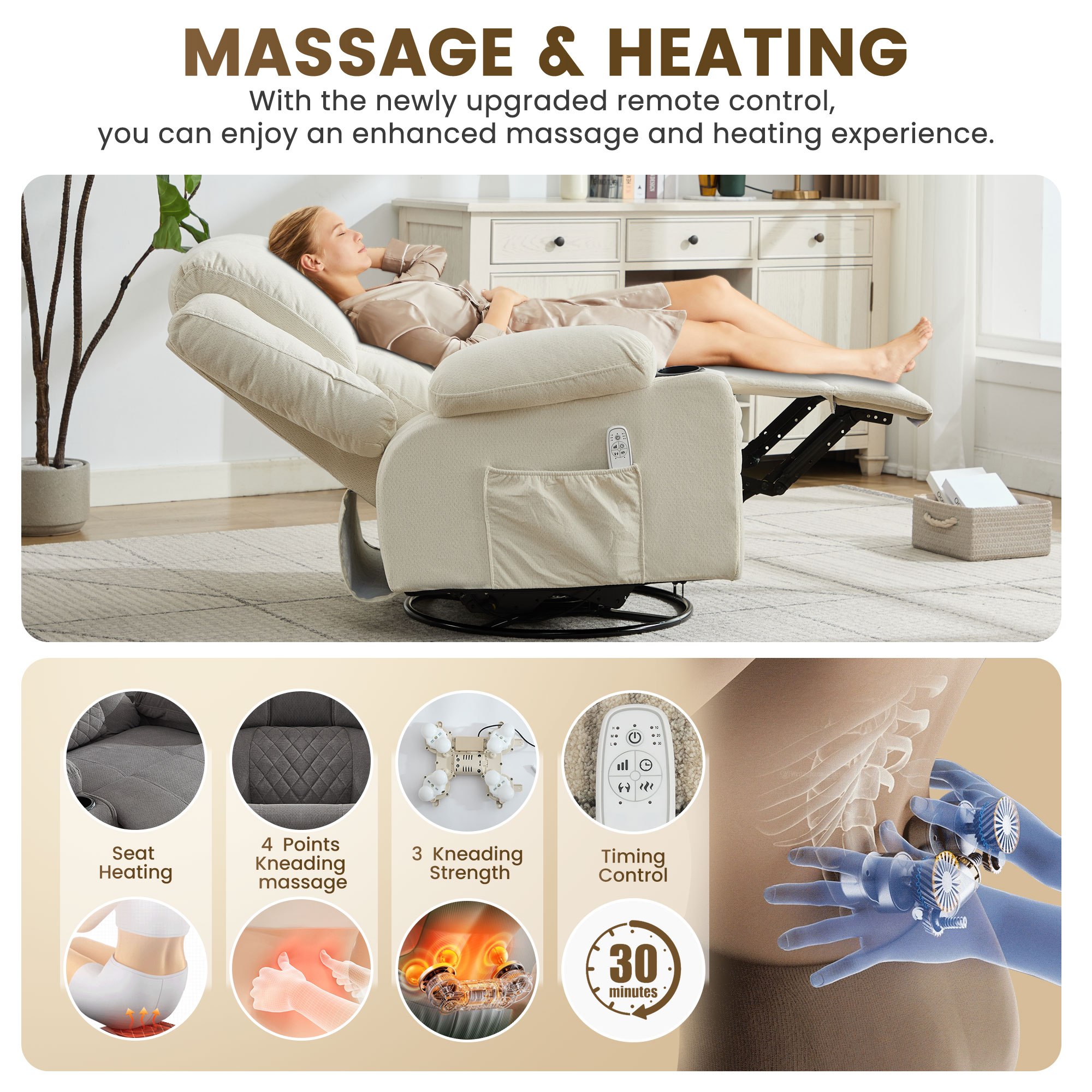 JONPONY Kneading Massage Rocker Recliner Chair with 4-Point 3D Kneading Massage and Heat Ergonomic Lounge Chair for Living Room with Rocking Function and 2 Cup Holders, USB Charge Port,Beige