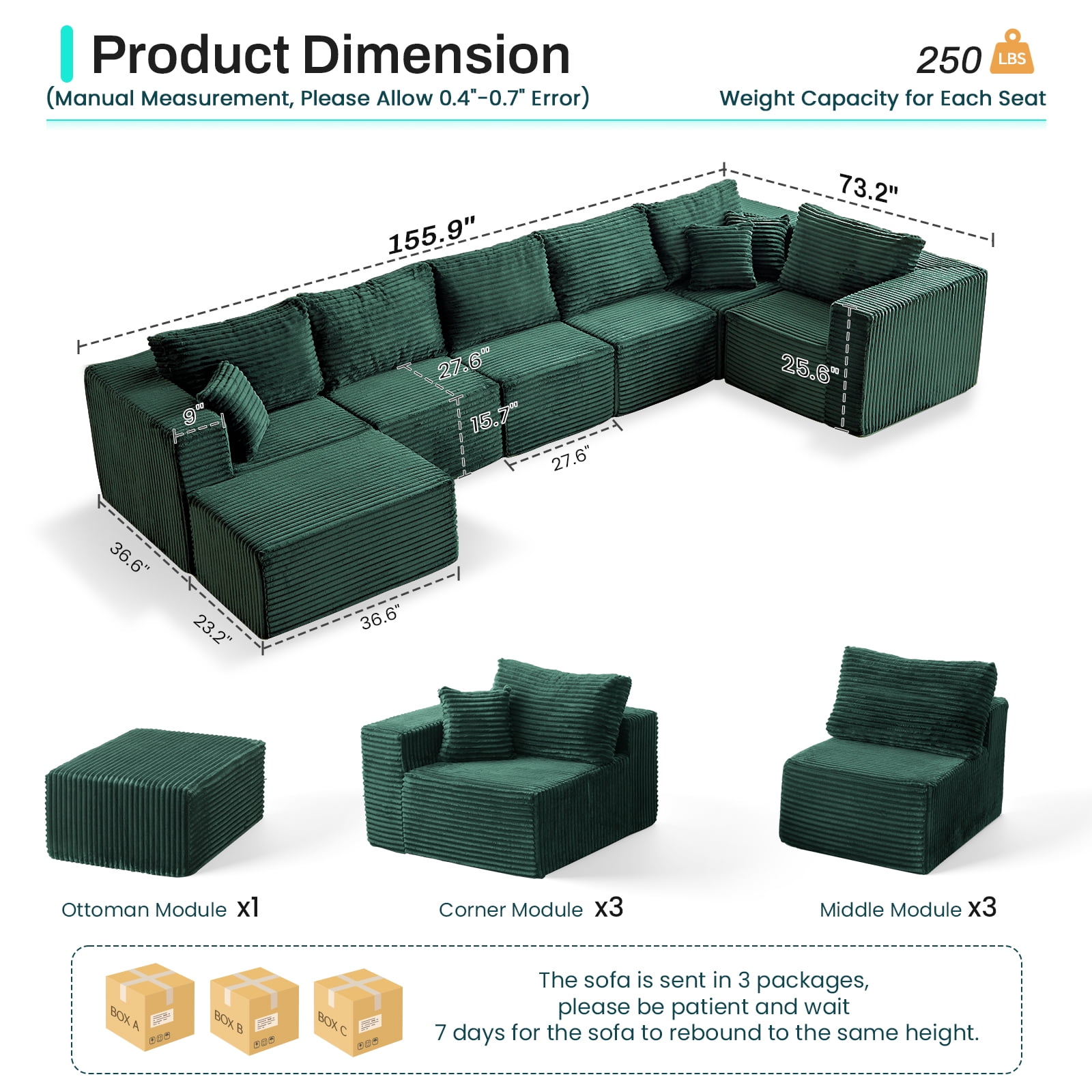 Cozylore 128.3" Oversized Modular Sectional Sofa 7 Seater U Shaped Upholstered Couches Cloud Couch with Deep Seat for Living Room, No Assembly Required, Green