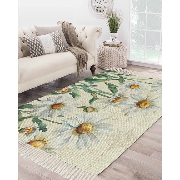 Spring Floral Large Area Rug 4x6ft Woven Runner Rug,Vintage Summer Botanical White Daisy Washable Living Room Bedroom Kitchen Bathroom Classroom Carpet with Tassels,Indoor Outdoor Throw Door Mat