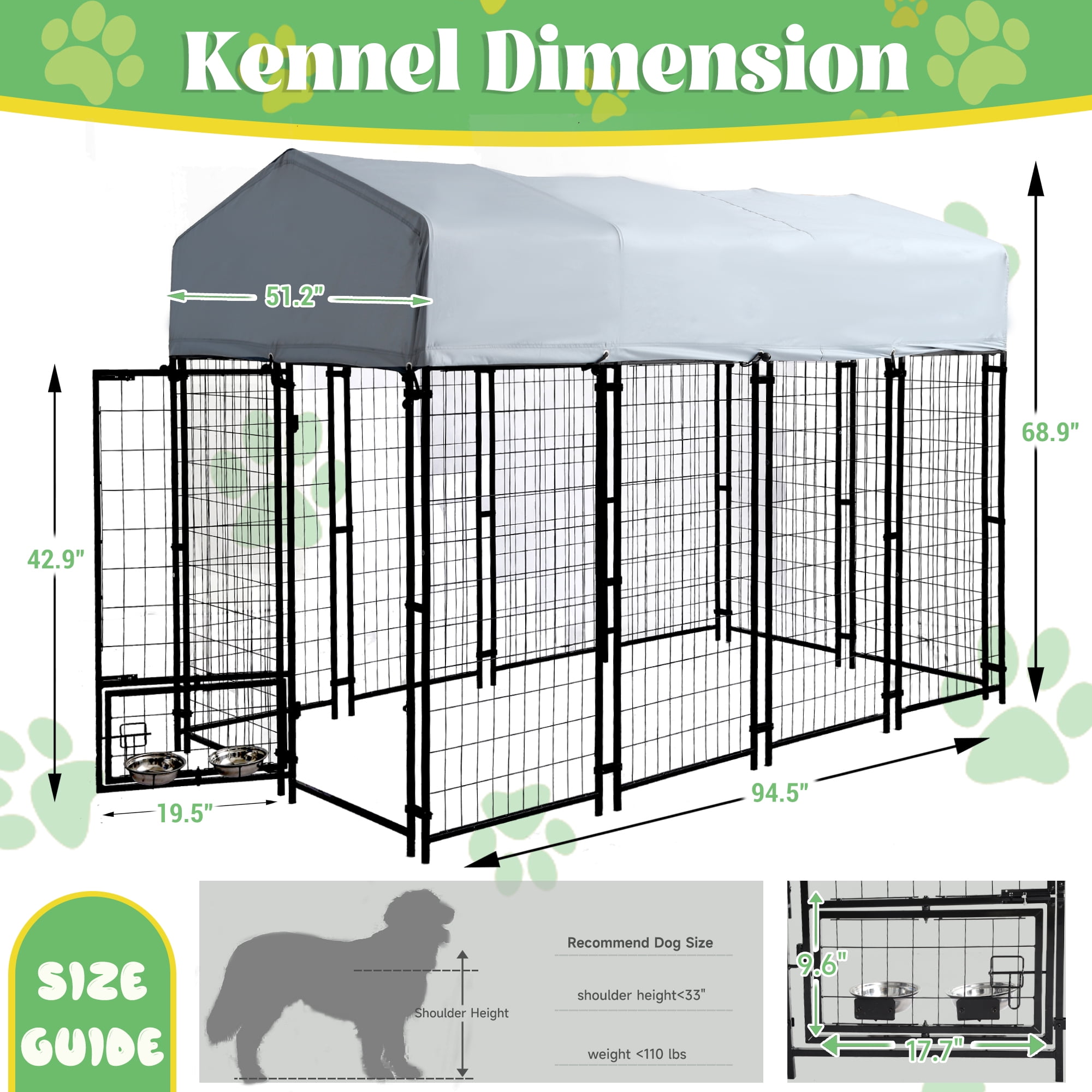 Haverchair Large Outdoor Dog Kennel, Heavy Duty Welded Wire Steel Dog Enclosure Playpen Crate with Waterproof UV-Resistant Roof Cover, Double Lock Dog Kennels Fence with Rotating Feeding Door Bowls