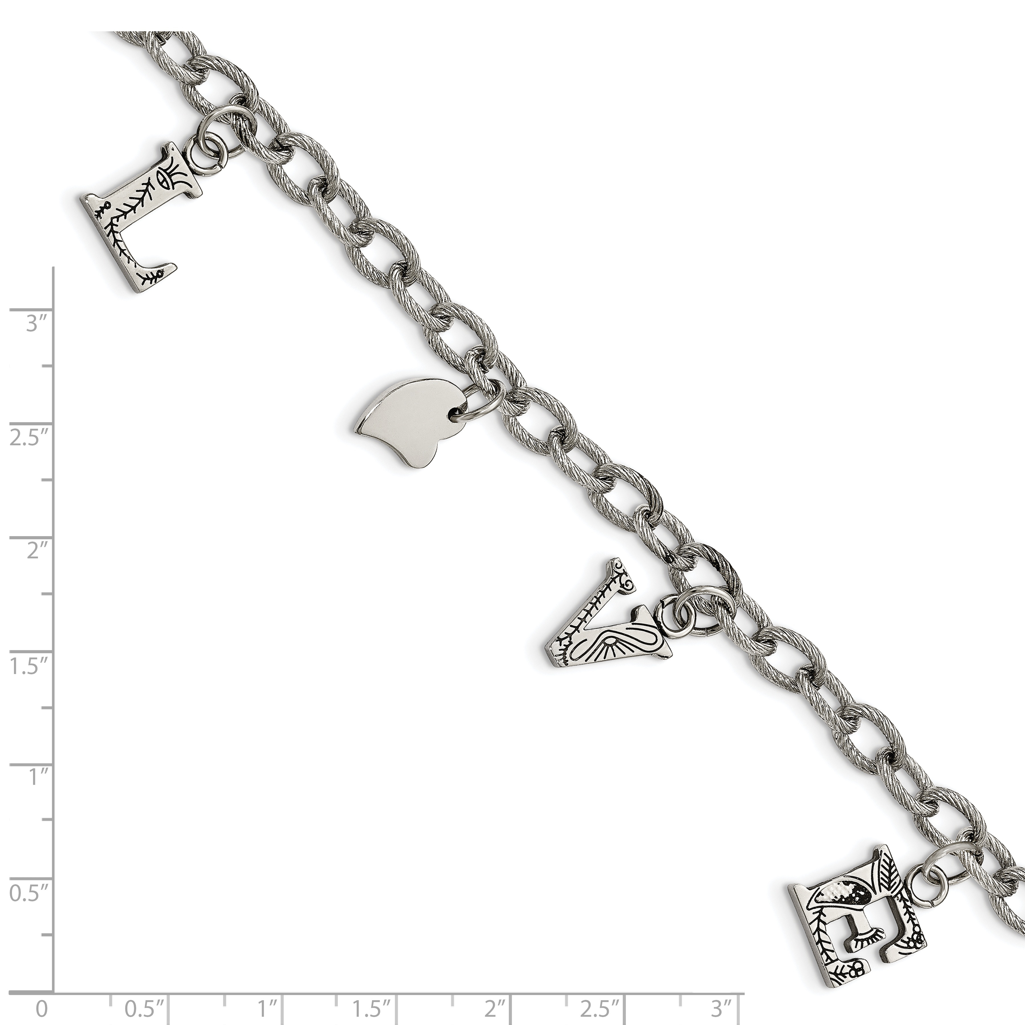 Primal Steel Stainless Steel and Textured LOVE Charm 8.25in Bracelet