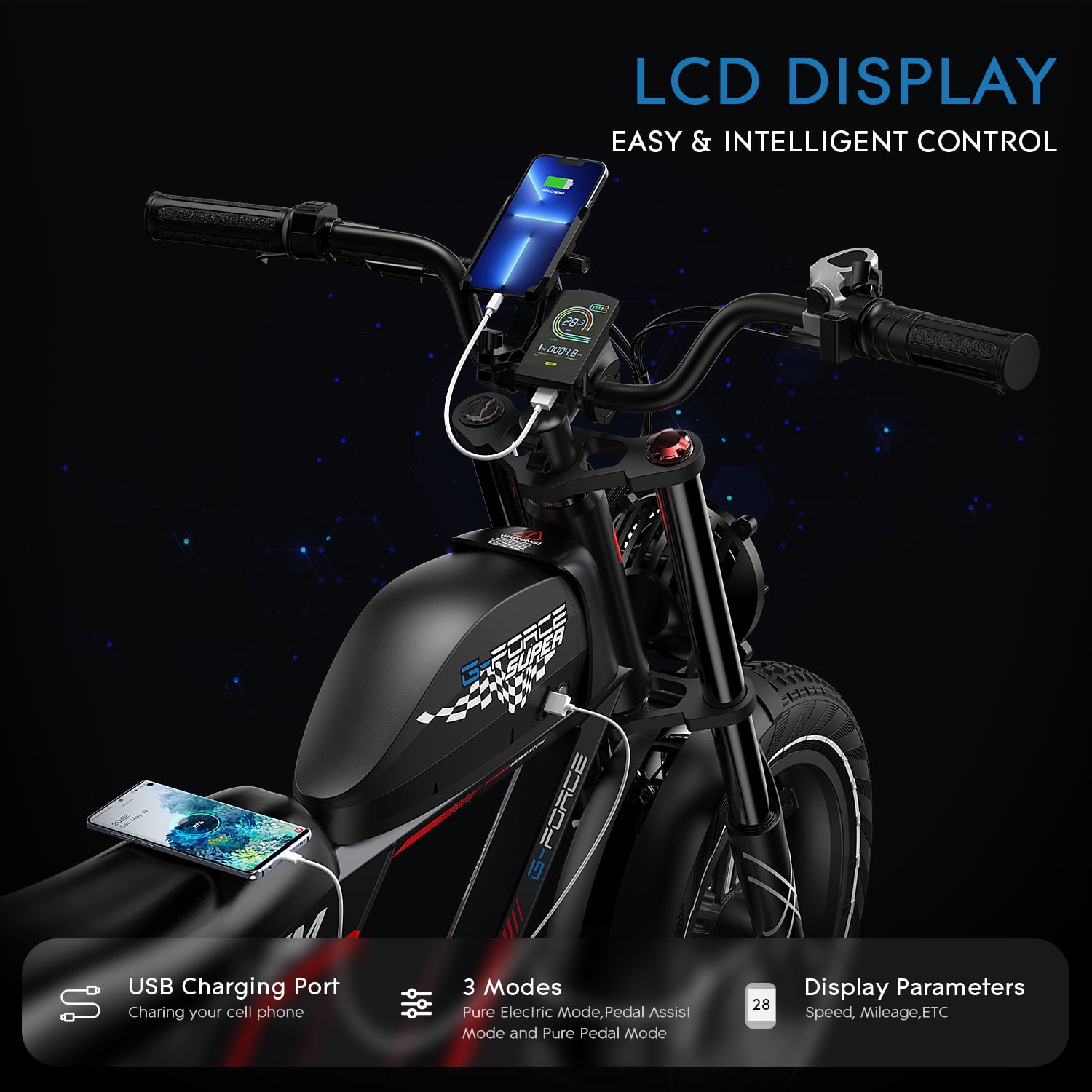 G-Force Electric Bike for Adults 52V 60AH Battery, 20x4 Fat Tire Ebikes, Full Suspension E Bike, 1500W Peak Motor Electric Bicycle 7-Speed Gear