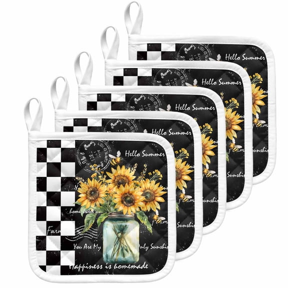 Sunflower Pot Holders for Kitchen Heatproof Potholder, 5 Pack Black White Check Farmhouse Bee Vase Floral Hot Pads Multipurpose Oven Pads Cloth Potholders Trivet for Cooking Baking