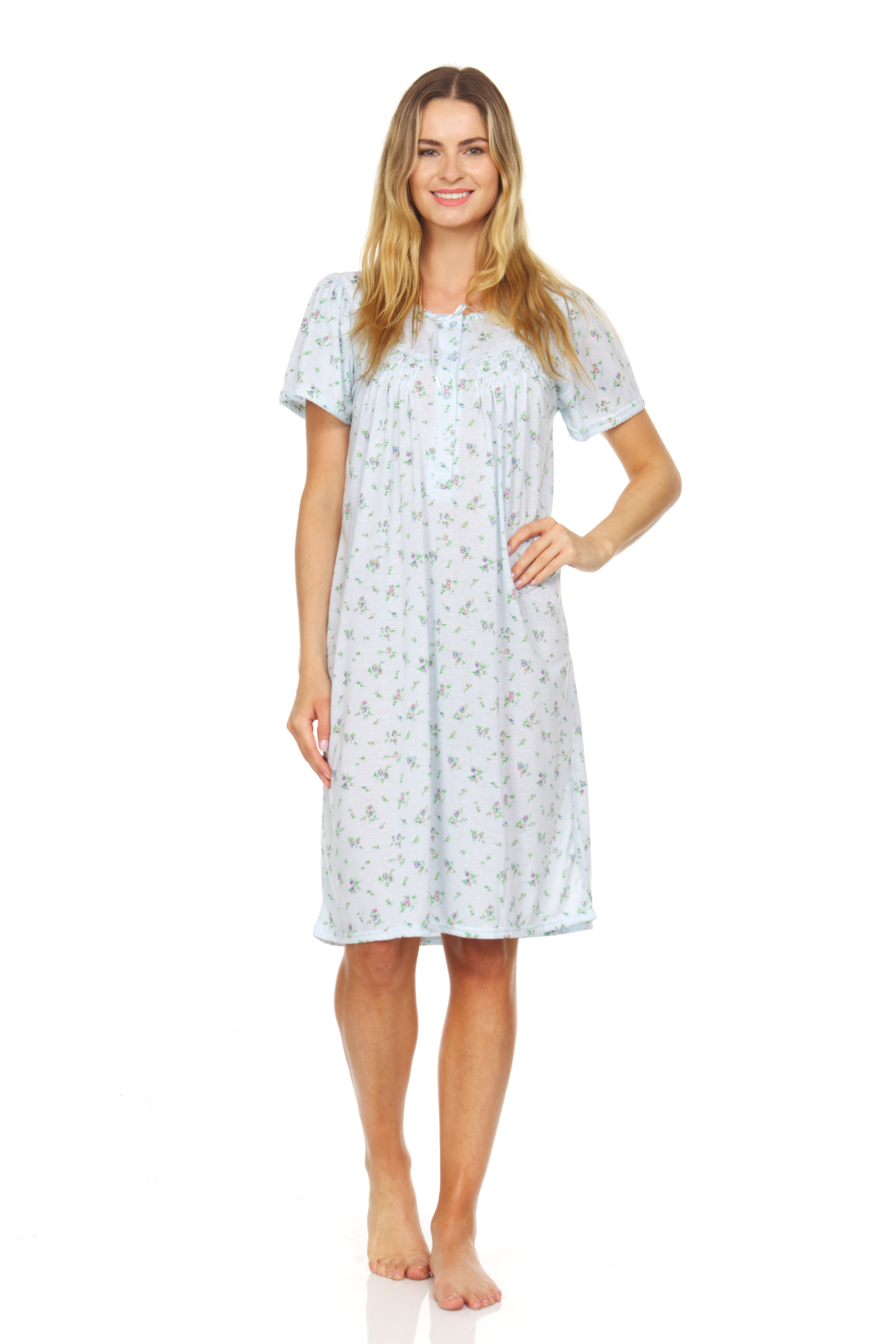 00136 Women Nightgown Sleepwear Pajamas Short Sleeve Sleep Dress Nightshirt Blue S