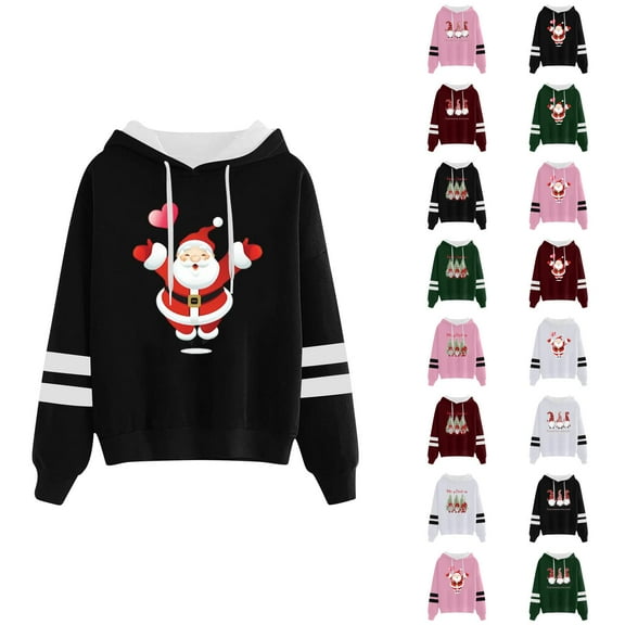 Christmas Santa Hoodies for Women 2025 Long Sleeve Holiday Graphic Hooded Sweatshirt Hoodie Pullover Tops