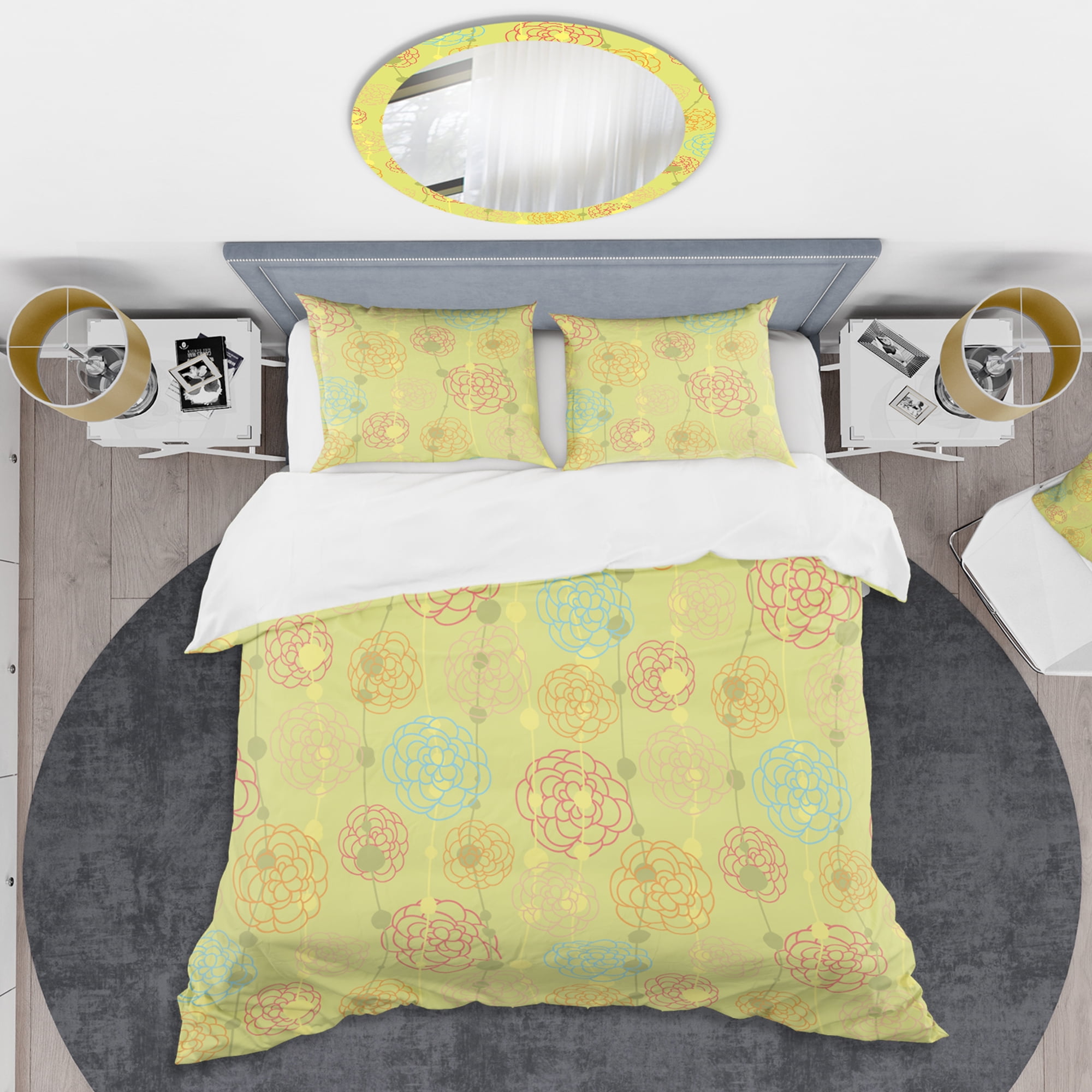 Designart 'Retro Handdrawn Flowers On Green Background' Mid-Century Modern Duvet Cover Set