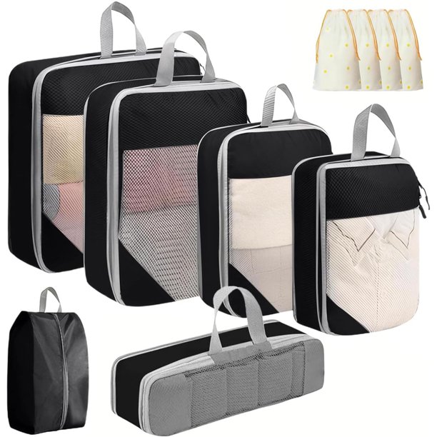 10 Piezas Bolsas Organizadoras Compresion, Organizador de Viaje para Maletas, Bolsa de almacenamiento con doble cremallera, para Ropa Zapatos, Cosméticos de bolsas organizadoras de viaje (negro)