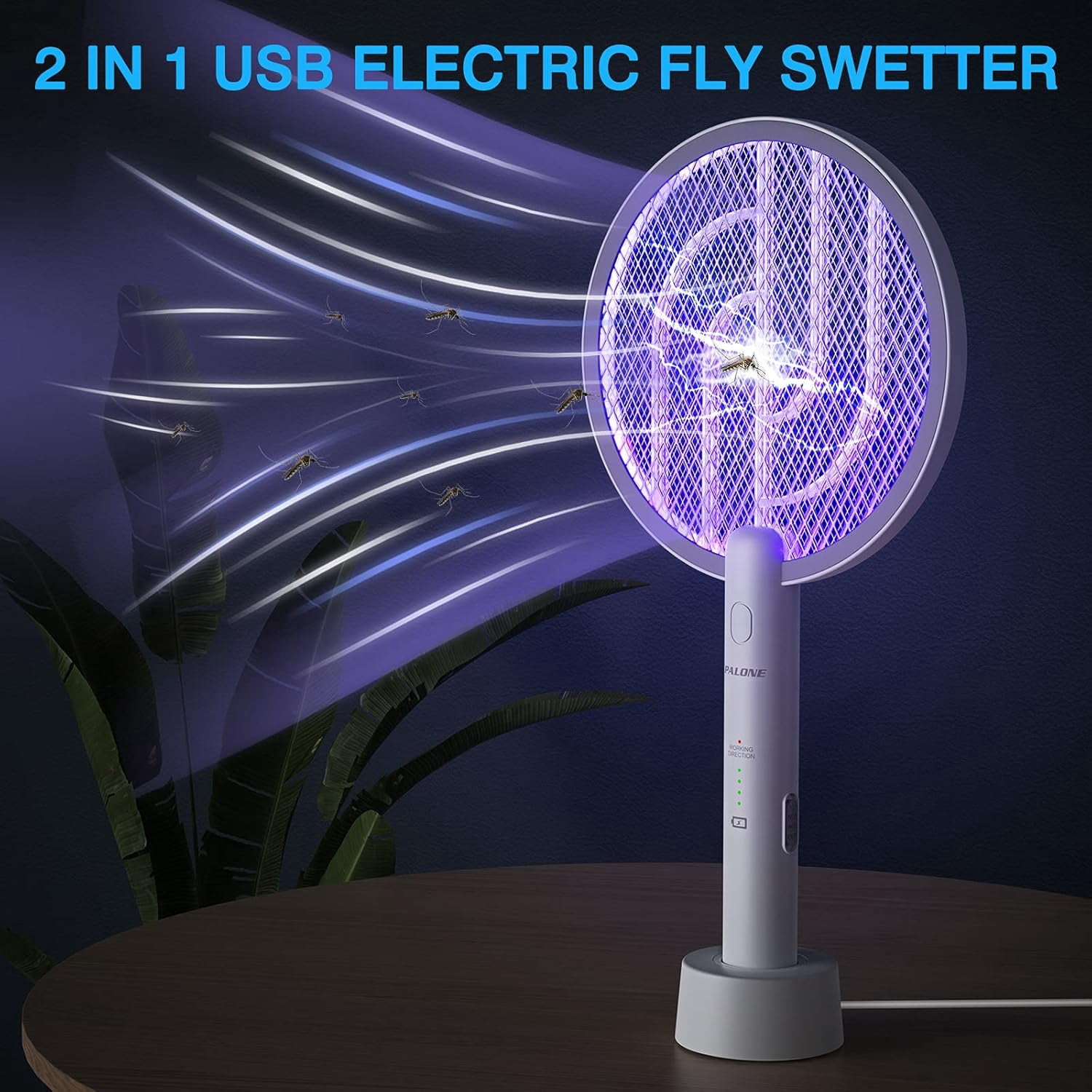 PALONE Electric Fly Swatter 3000V Bug Zapper Racket 2 in 1 Fly Swatter with 1200mAh Battery Rechargeable Mosquito Killer Lamp with 3 Layers Safety Mesh for Indoor and Outdoor