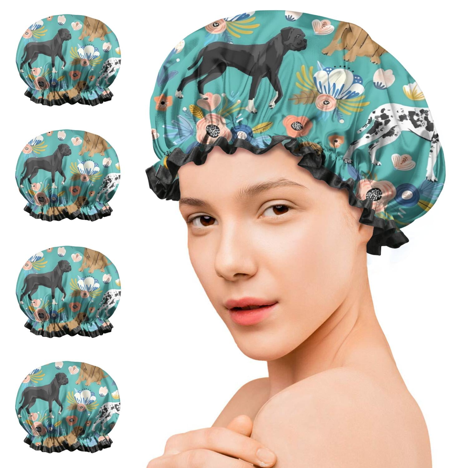 Shower Caps,Dog Pattern with Pioneer Flower Background Waterproof Shower Cap for Women 4 Pieces,Double Reusable Hair Cover for Shower PEVA Elastic Stretch Hem