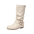 thumbnail image 2 of Women Ruched Knee High Boots, Double Metal Buckle Strap Side Zip Faux Suede Tall Boots, Low Flat Heel Slouch Long Boots Beige 9.5(43), 2 of 9