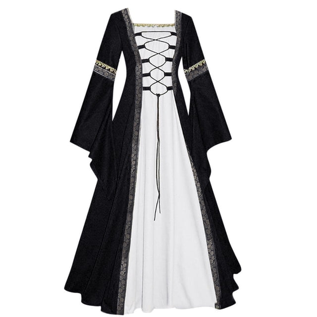 CEHVOM Robe Mode Femme Patchwork Décontractée Vintage Longueur au Sol Gothique Cosplay en Solde