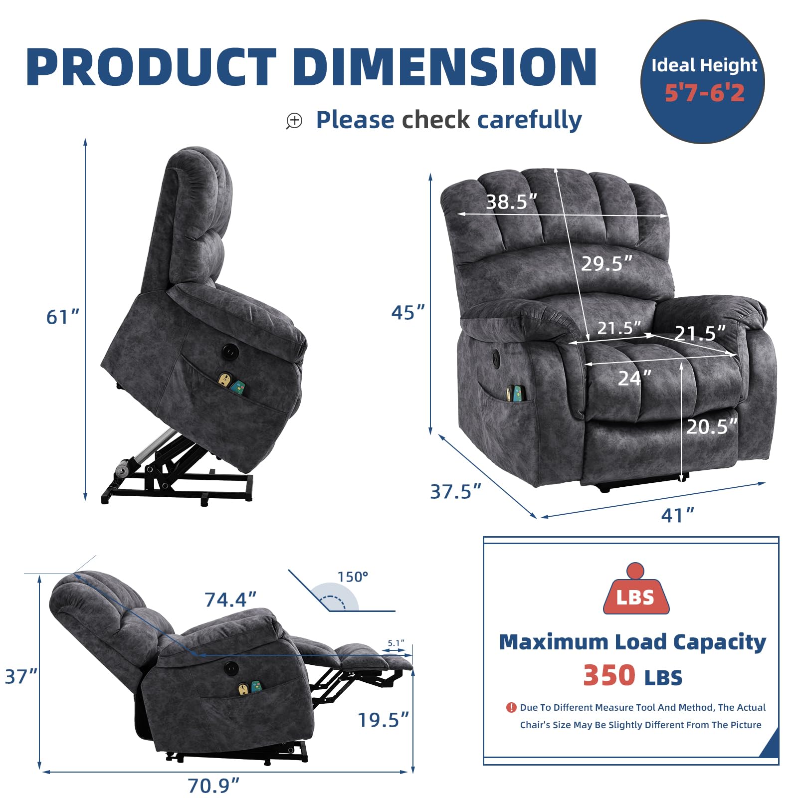 SOCIALCOMFY Large Electric Power Lift Recliner Chair with Extended Footrest for Elderly Big Man, Overstuffed Heated Massage Wide Reclining Sofa with 2 Remote Controls, Side Pockets & USB Ports, Gray
