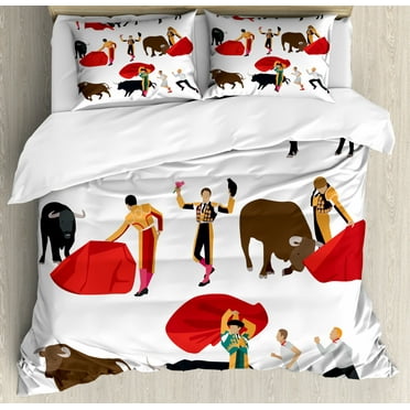 Spanish Duvet Cover Set Queen Size, Bullfighting Corrida People Crowd Matadors with Bulls Red Cape Pidacor Icons Folk, Decorative 3 Piece Bedding Set with 2 Pillow Shams, Multicolor, by Ambesonne